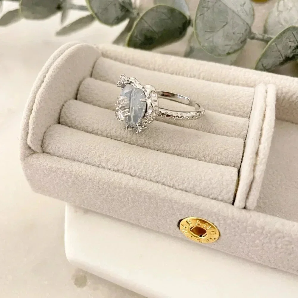 925 Sterling Silver Crystal Heart Ring Geometric Modern Heart Ring Adjustable - Picture 10 of 11